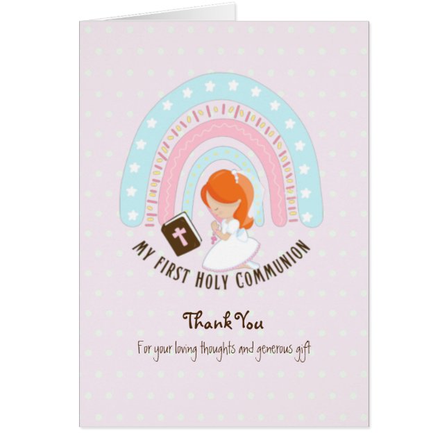 Girl's Thank You Holy Communion Card - Red Hair (Front)