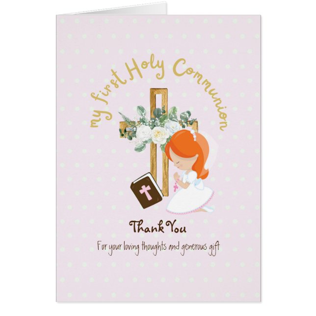 Girl's Thank You Holy Communion Card - Red Hair  (Front)