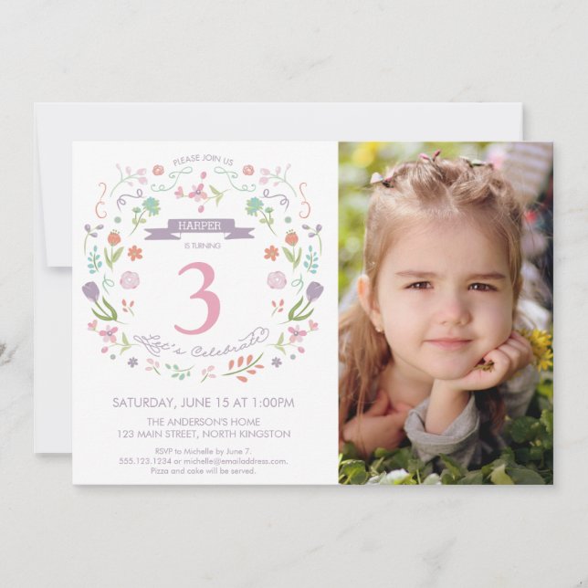 Girl's Third Birthday Party Invite w/ Photo (Front)