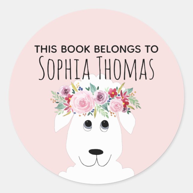 Girls "This Book Belongs" Lamb Name Bookplate Classic Round Sticker (Front)