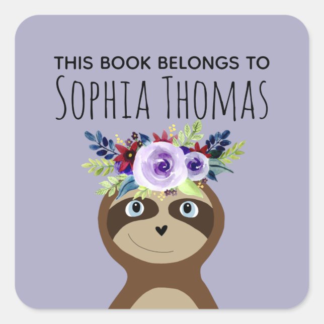 Girls "This Book Belongs" Sloth Name Bookplate Square Sticker (Front)