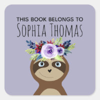 Girls "This Book Belongs" Sloth Name Bookplate