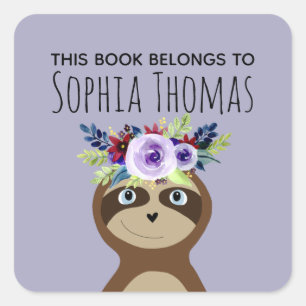 Girls "This Book Belongs" Sloth Name Bookplate Square Sticker