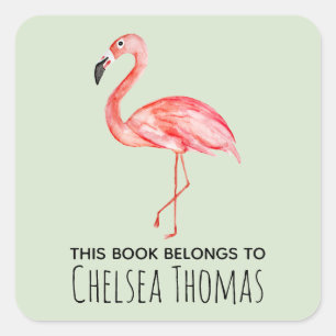 Girl's This Book Belongs Tropical Flamingo Name Square Sticker