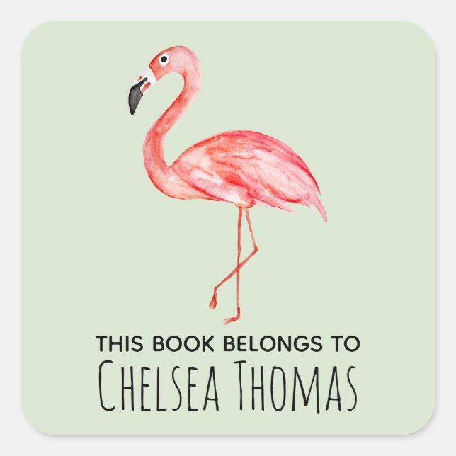 Girl's This Book Belongs Tropical Flamingo Name Square Sticker (Front)