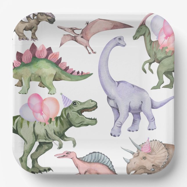 Girl's Three-Rex Party Paper Plates (Front)