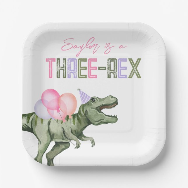 Girl's Three-Rex Party Paper Plates (Front)
