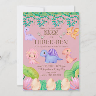 Girls Three-Rex Third Birthday Party Invitation