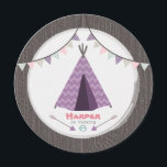 Girls Tipi Birthday Party Round Invite Pink Purple<br><div class="desc">A girls birthday party invitation featuring a rustic camping theme.  Invite has an illustration of a purple tipi with chevron design at top and a purple canoe at bottom.  Invite also features bunting at top and a wood inspired background.  Personalise the text with details of your occasion.</div>