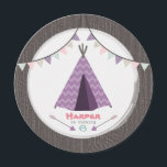 Girls Tipi Birthday Party Round Invite Pink Purple<br><div class="desc">A girls birthday party invitation featuring a rustic camping theme.  Invite has an illustration of a purple tipi with chevron design at top and a purple canoe at bottom.  Invite also features bunting at top and a wood inspired background.  Personalise the text with details of your occasion.</div>