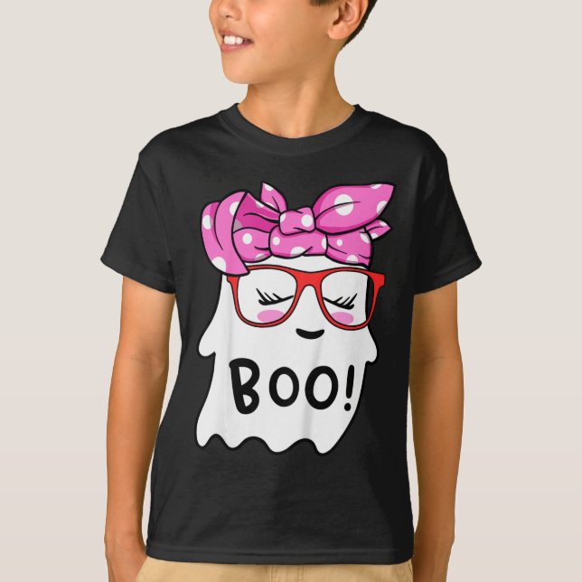 Girls Toddler Happy Halloween Ghost With Bandanna  T-Shirt (Front)