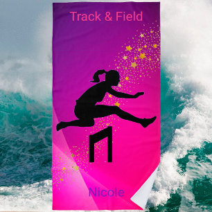 Girls Track & Field Pink & Purple Gold Stars Beach Towel