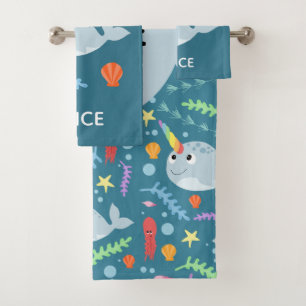 Girls Trendy and Modern Narwhal Pattern Name Kids Bath Towel Set