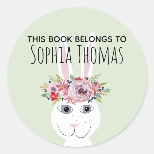 Girls Trendy Floral Rabbit Name Bookplate Classic Round Sticker (Front)