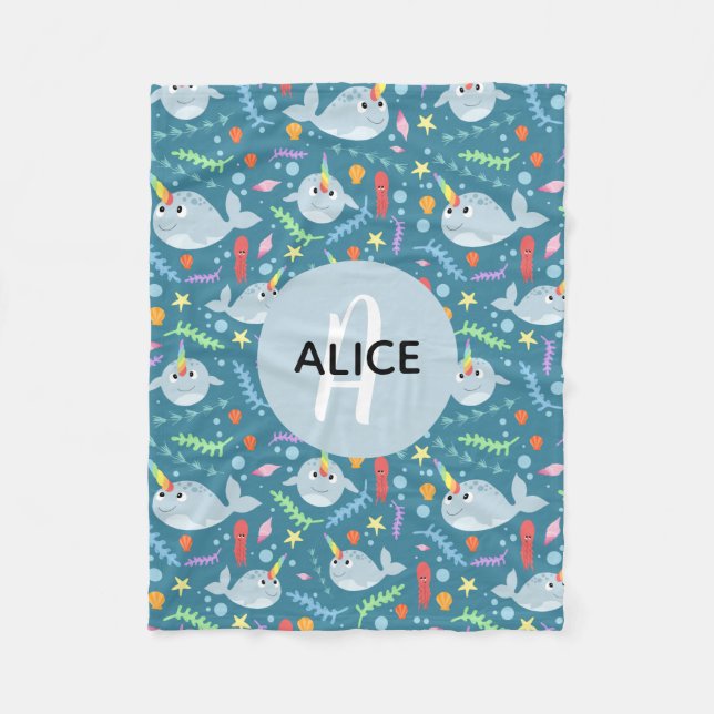 Girls Trendy Narwhal Pattern Monogram & Name Kids Fleece Blanket (Front)