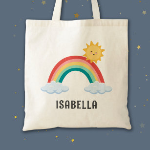 Girls Trendy Whimsical Rainbow Cartoon Kids Name Tote Bag