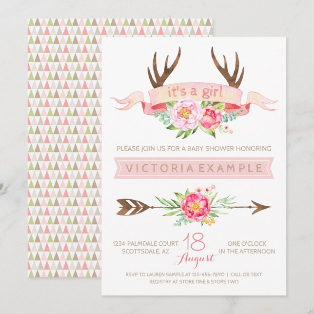 Girls Tribal Antler Baby Shower Invitations (Front/Back)