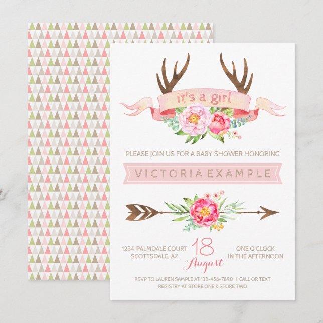 Girls Tribal Antler Floral Baby Shower Invitations (Front/Back)