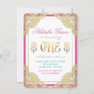 Girls Tribal First Birthday Party Invitations