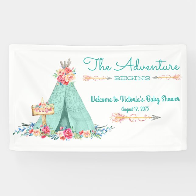 Girls Tribal TeePee Baby Shower Banner (Horizontal)