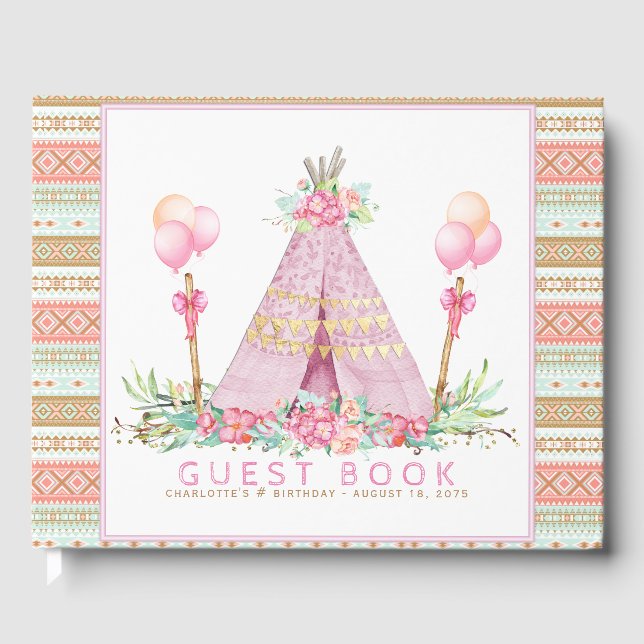 Girls Tribal Teepee Birthday Party Guest Book (Front)