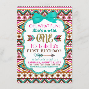 Girls Tribal Wild One Birthday Party Invitations
