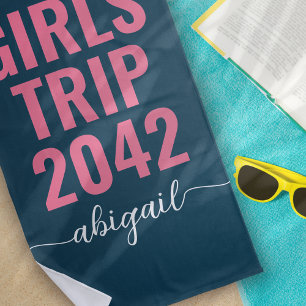 Girls' Trip 2024 Blue Pink Calligraphy Monogram Beach Towel