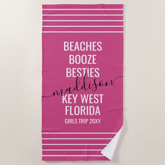 Girls Trip Beach Vacation Magenta Pink Custom Beach Towel (Front)