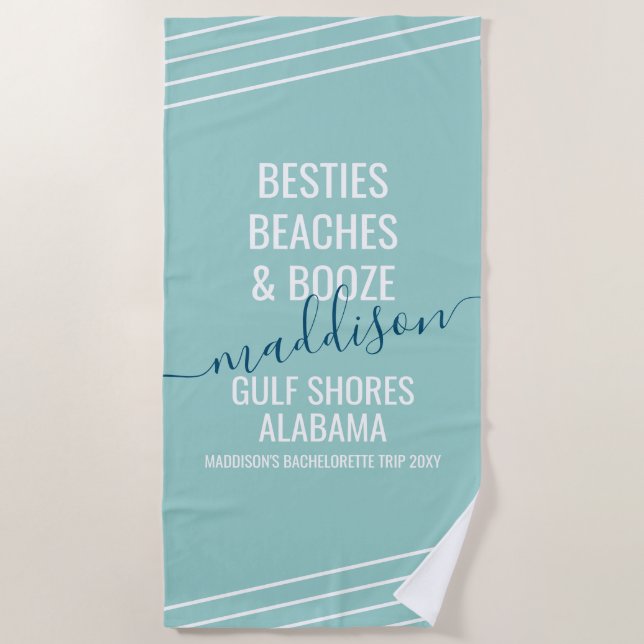 Girls Trip Besties Beaches Booze Editable Text Beach Towel (Front)