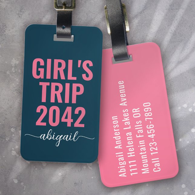 Girl's Trip Blue Pink Calligraphy Monogram Luggage Tag (Creator Uploaded)