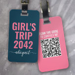 Girl's Trip Blue Pink Calligraphy QR Code Luggage Tag<br><div class="desc">Liven up your luggage with this personalised design that's perfect for travellers. Put your cell phone number into the personalisation field to activate the QR code. When someone scans the code it will generate a text right to your phone!</div>