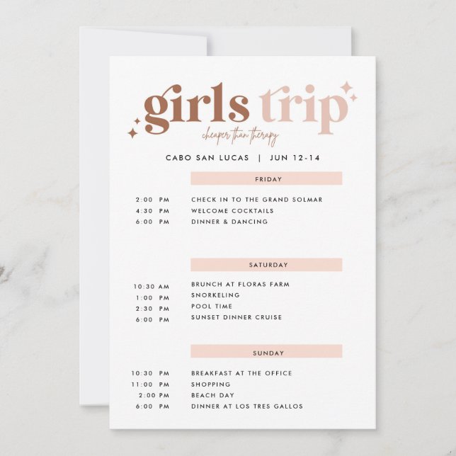 Girls Trip Cheaper than Therapy Itinerary Invitati Invitation (Front)