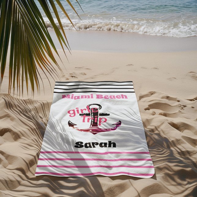 Girls Trip Nautical Anchor Pink and Black Beach Towel (Creator Uploaded)