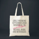 Girls Trip Weekend Vacation Name Tote Bag<br><div class="desc">Personalised Girls Weekend Trip Custom Canvas Tote Bag with editable grey and bright pink text and wording for a date,  destination location,  names,  and fun quote like "besties,  buds,  and beverages" makes a useful keepsake favour gift for your travel squad or bridesmaids.</div>