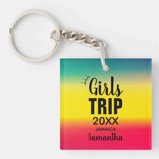 Girls Trip with Crown Year & Name Green Yellow Red Key Ring (Front)