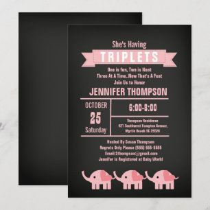 Girls Triplet Elephant Baby Shower Chalkboard Invitation