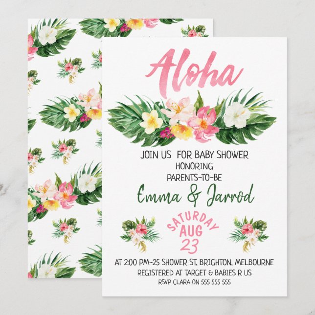 Girls Tropical Floral Baby Shower Invitation (Front/Back)