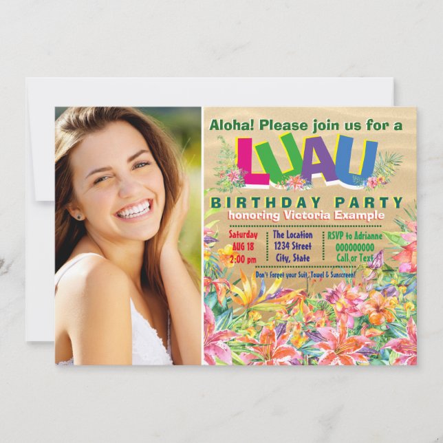 Girls Tropical Luau Photo Birthday Party Invitation (Front)