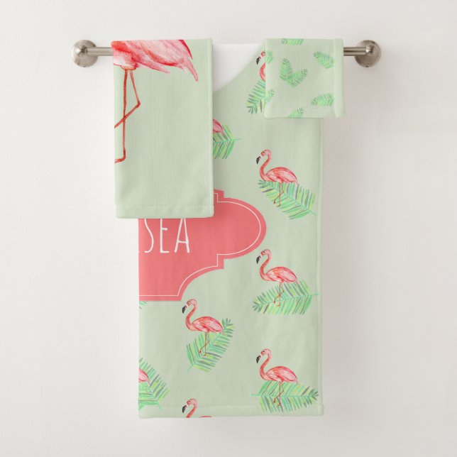 Girl's Tropical Summer Pink Flamingo Name Bath Towel Set (Insitu)
