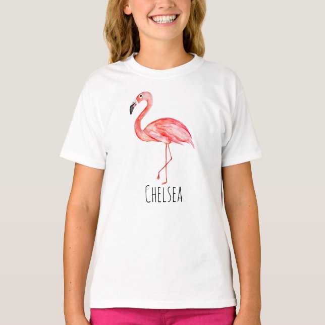 Girl's Tropical Watercolor Flamingo and Name T-Shirt (Front)