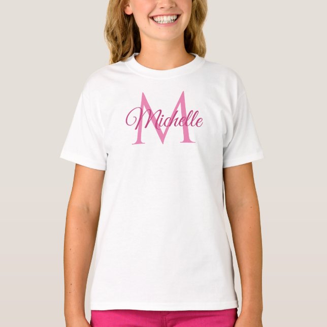 Girls Tshirts Monogram Name White And Pink Trendy (Front)