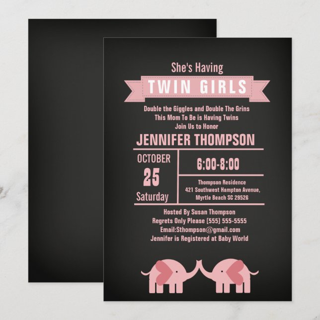 Girls Twin Elephant Baby Shower Chalkboard Invitation (Front/Back)