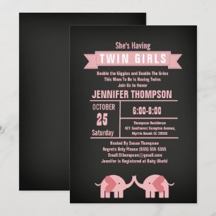 Girls Twin Elephant Baby Shower Chalkboard Invitation