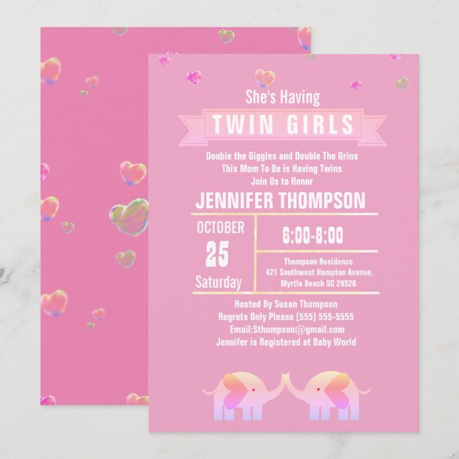Girls Twin Elephant Pink/Purple Baby Shower  Invitation (Front/Back)