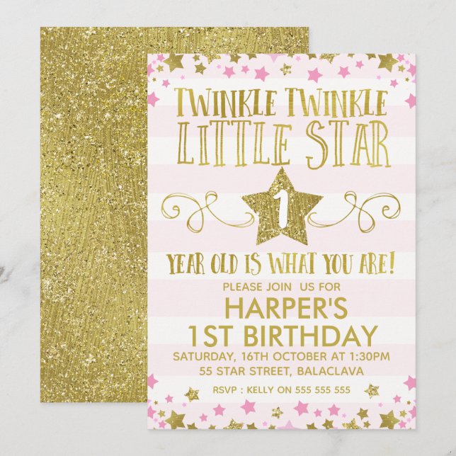 Girl's Twinkle Little Star 1st Birthday Invitation (Front/Back)