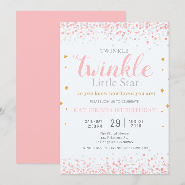 Girls Twinkle Little Star Pink & Gold 1st Birthday Invitation (Front/Back)