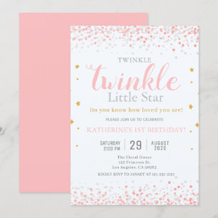 Girls Twinkle Little Star Pink & Gold 1st Birthday Invitation