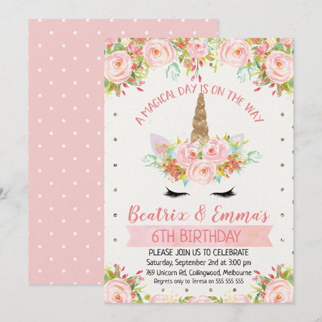 Girls Twins Or Joint Unicorn Birthday Invitation (Front/Back)