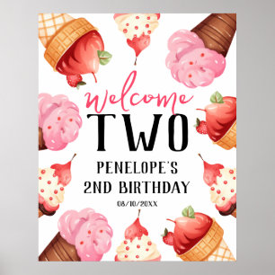 Girls Two Sweet Ice Cream 2nd Birthday Welcome Poster