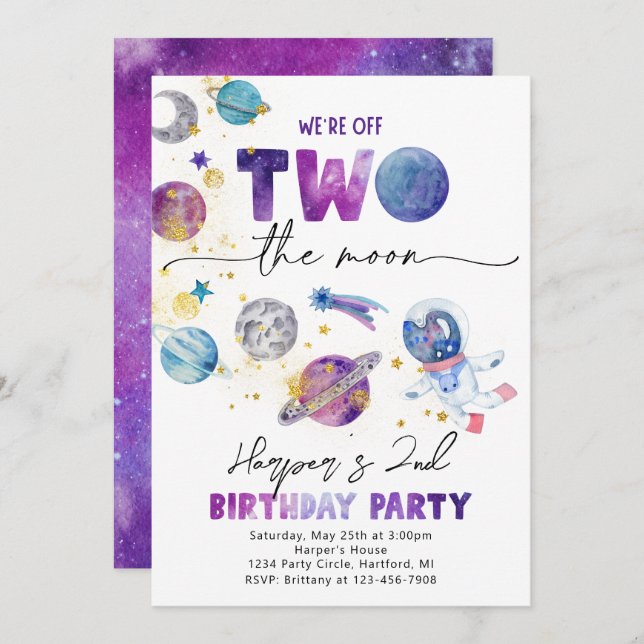 Girl's TWO the Moon Invitation | Space Invitation (Front/Back)